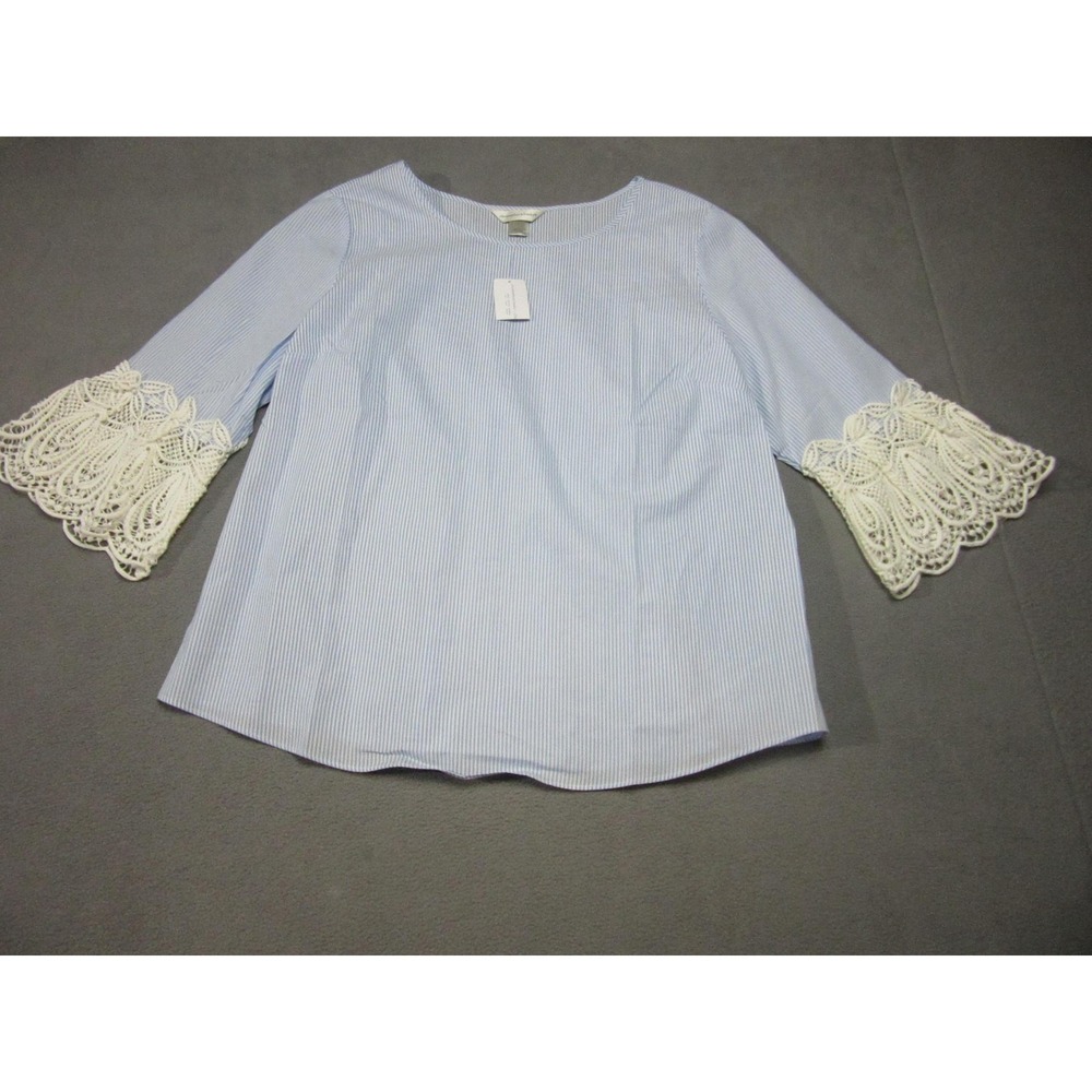 Christopher Banks Blouse Womens Large Blue New Crochet 3/4 Bell Sleeve Tunic
